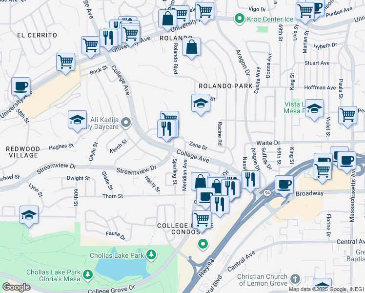 map of restaurants, bars, coffee shops, grocery stores, and more near 3605 College Avenue in San Diego