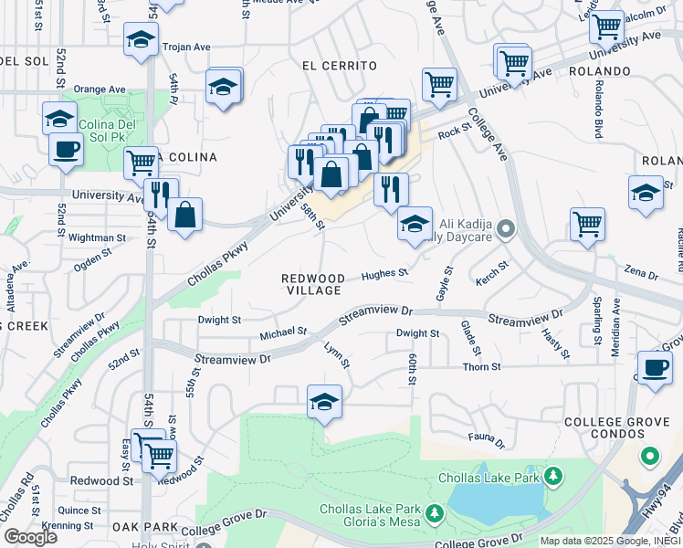 map of restaurants, bars, coffee shops, grocery stores, and more near 5825 Ascot Street in San Diego