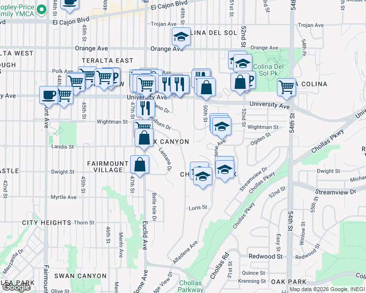 map of restaurants, bars, coffee shops, grocery stores, and more near 4930 Auburn Drive in San Diego