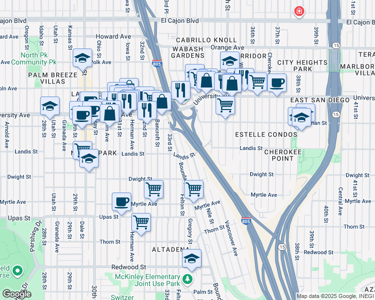 map of restaurants, bars, coffee shops, grocery stores, and more near 3752 Nile Street in San Diego