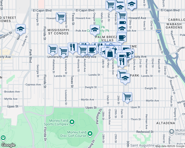 map of restaurants, bars, coffee shops, grocery stores, and more near 3740 Pershing Avenue in San Diego