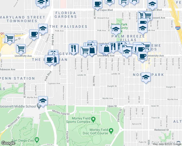 map of restaurants, bars, coffee shops, grocery stores, and more near 3741 Louisiana Street in San Diego