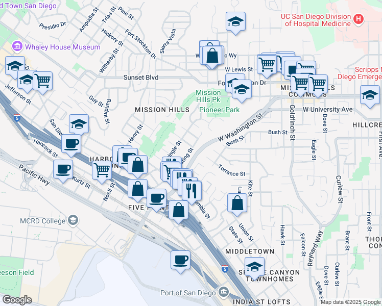 map of restaurants, bars, coffee shops, grocery stores, and more near 1710 Torrance Street in San Diego