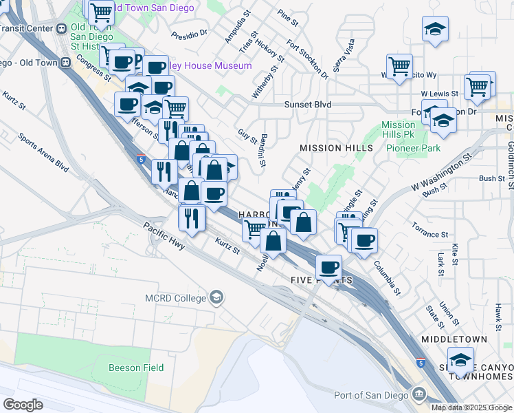 map of restaurants, bars, coffee shops, grocery stores, and more near 2051 West California Street in San Diego