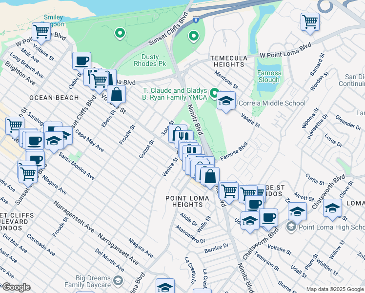 map of restaurants, bars, coffee shops, grocery stores, and more near 4358 Banning Street in San Diego