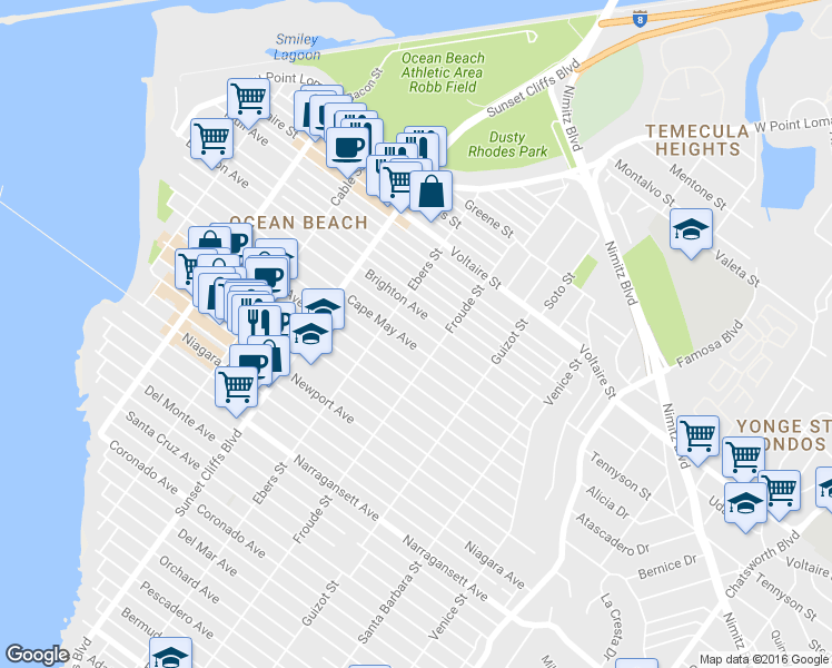 map of restaurants, bars, coffee shops, grocery stores, and more near 4683 Brighton Avenue in San Diego