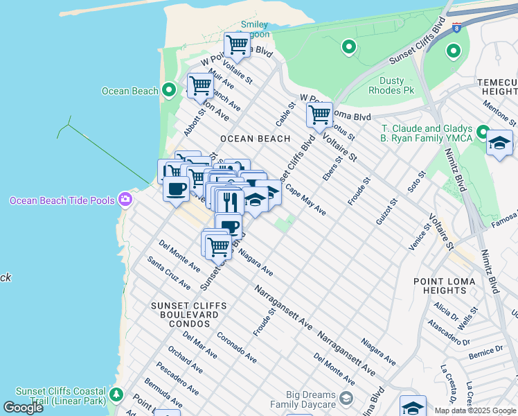 map of restaurants, bars, coffee shops, grocery stores, and more near in San Diego