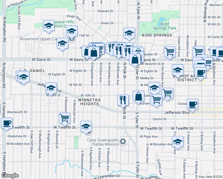 map of restaurants, bars, coffee shops, grocery stores, and more near 202 North Winnetka Avenue in Dallas