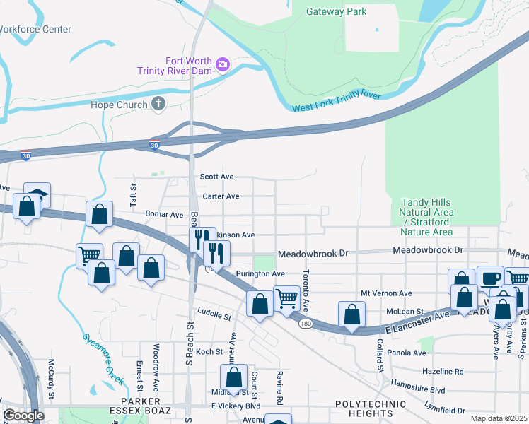 map of restaurants, bars, coffee shops, grocery stores, and more near 2800 Carter Avenue in Fort Worth