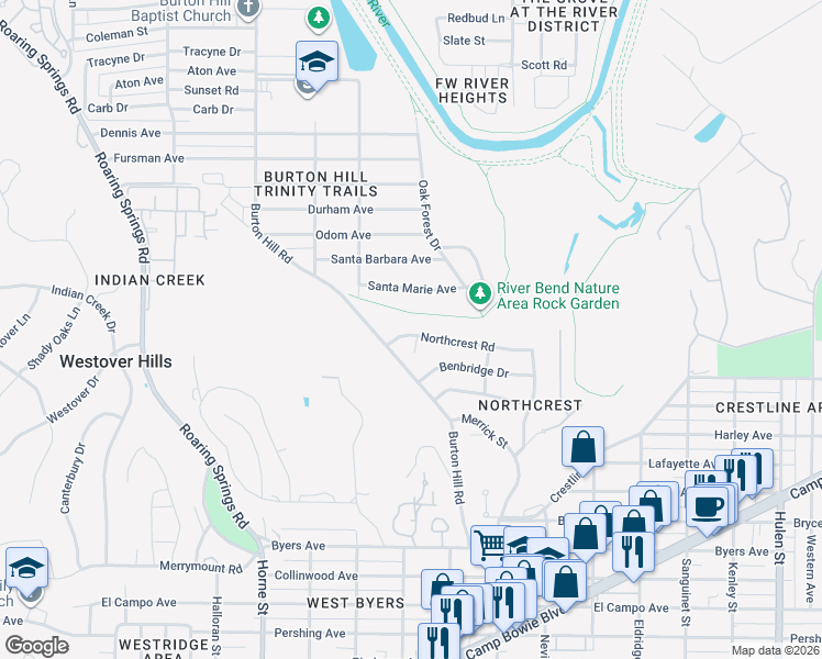 map of restaurants, bars, coffee shops, grocery stores, and more near 5449 Santa Marie Avenue in Fort Worth