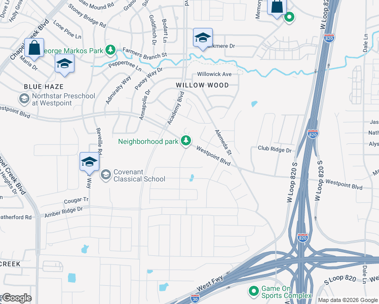 map of restaurants, bars, coffee shops, grocery stores, and more near 9901-10039 Westpoint Boulevard in Fort Worth