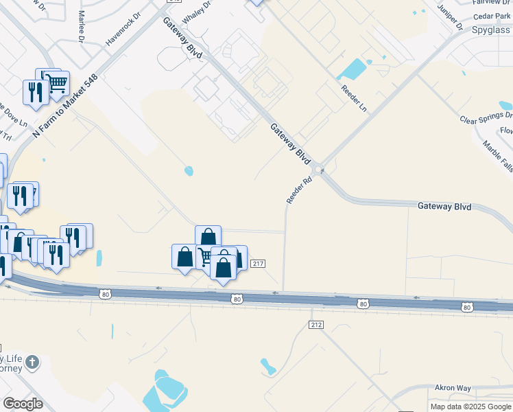 map of restaurants, bars, coffee shops, grocery stores, and more near 12817 Reeder Road in Forney