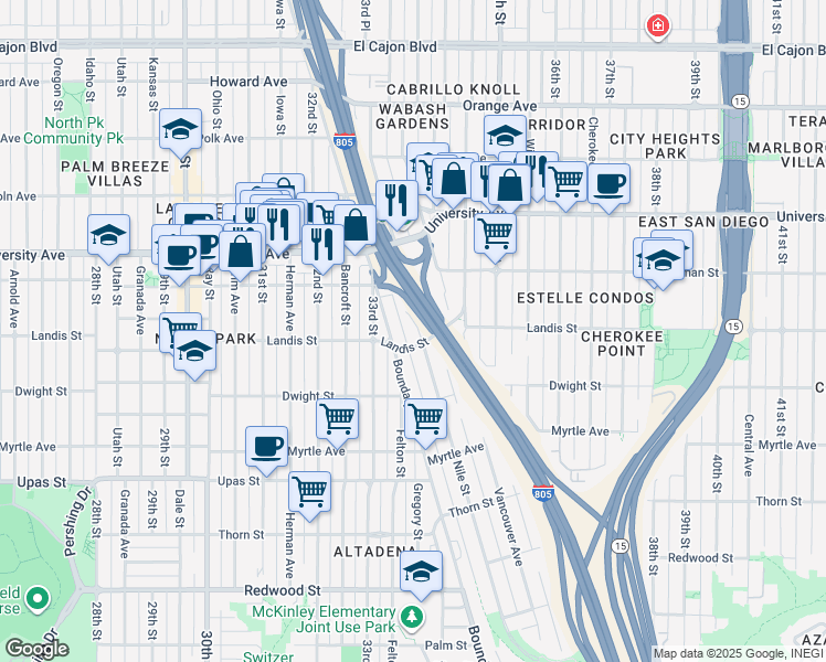 map of restaurants, bars, coffee shops, grocery stores, and more near 3752 Nile Street in San Diego