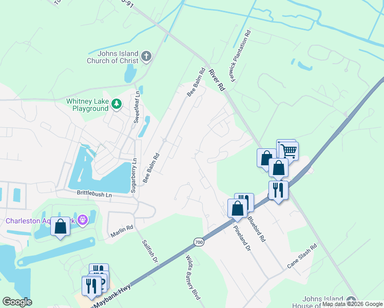 map of restaurants, bars, coffee shops, grocery stores, and more near 1815 Towne Street in Johns Island