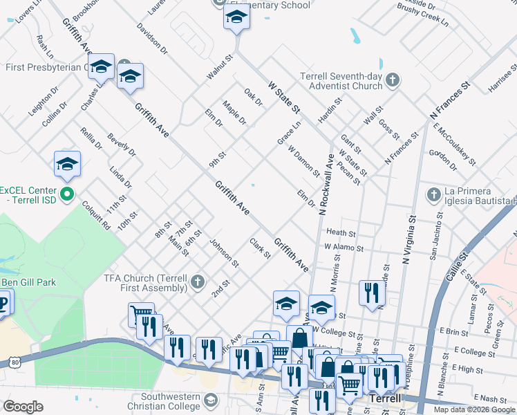 map of restaurants, bars, coffee shops, grocery stores, and more near 506 Griffith Avenue in Terrell