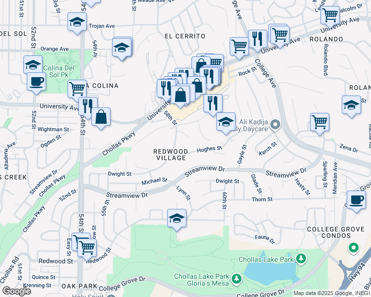 map of restaurants, bars, coffee shops, grocery stores, and more near 5825 Ascot Street in San Diego