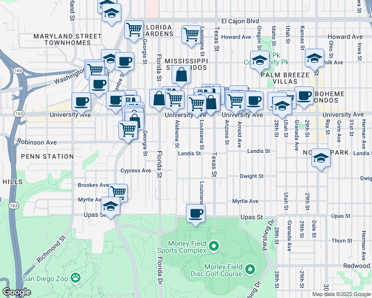 map of restaurants, bars, coffee shops, grocery stores, and more near 3718 Mississippi Street in San Diego