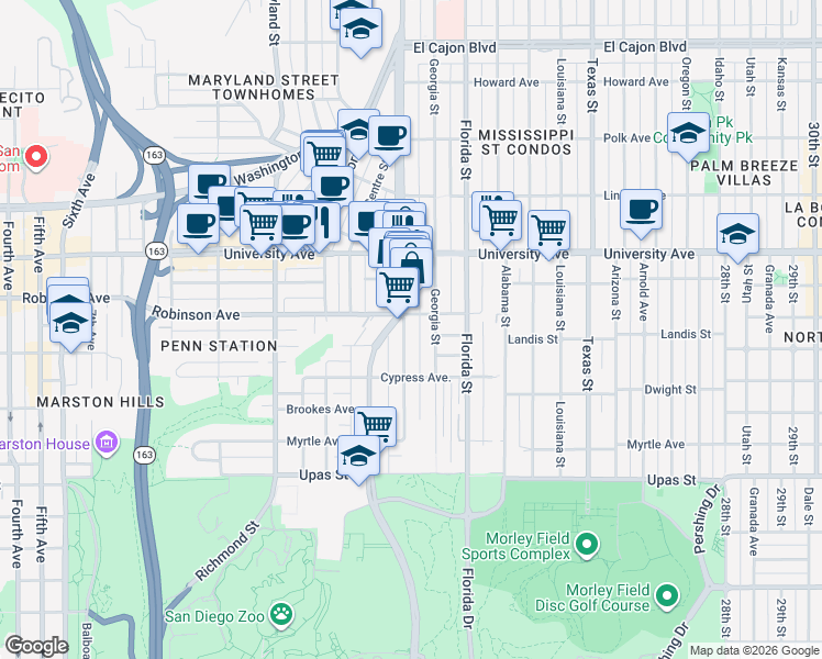 map of restaurants, bars, coffee shops, grocery stores, and more near 3729 Indiana Street in San Diego