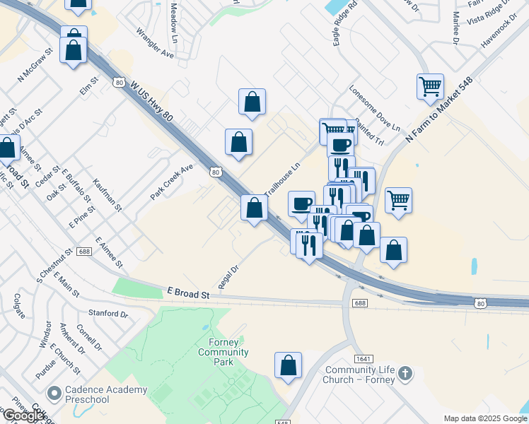 map of restaurants, bars, coffee shops, grocery stores, and more near U.S. 80 in Forney