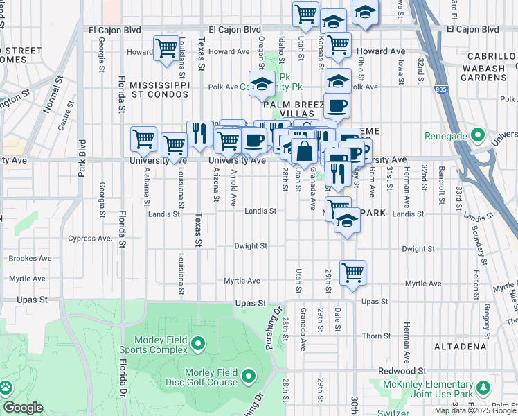 map of restaurants, bars, coffee shops, grocery stores, and more near 2618 Landis Street in San Diego
