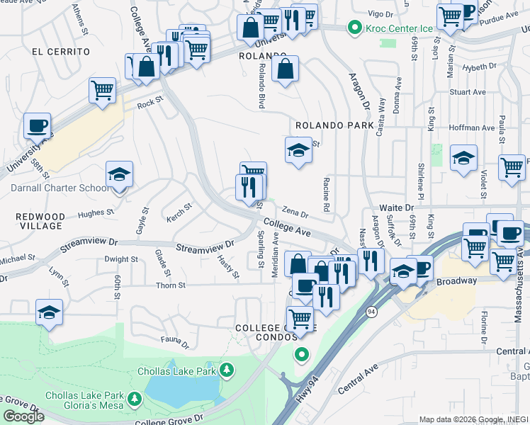 map of restaurants, bars, coffee shops, grocery stores, and more near 3605 College Avenue in San Diego