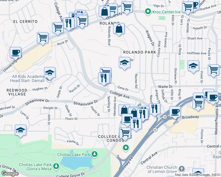 map of restaurants, bars, coffee shops, grocery stores, and more near 3607 Billman Street in San Diego