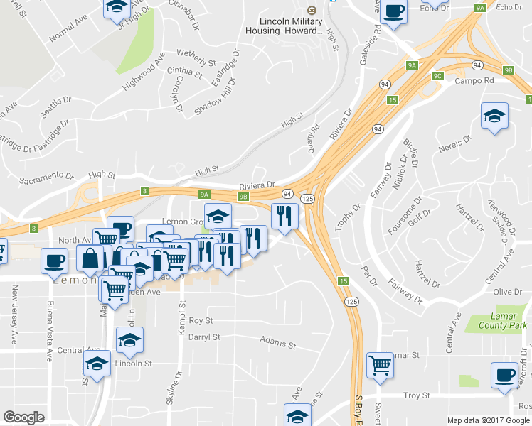 map of restaurants, bars, coffee shops, grocery stores, and more near 3762 Milton Road in Lemon Grove