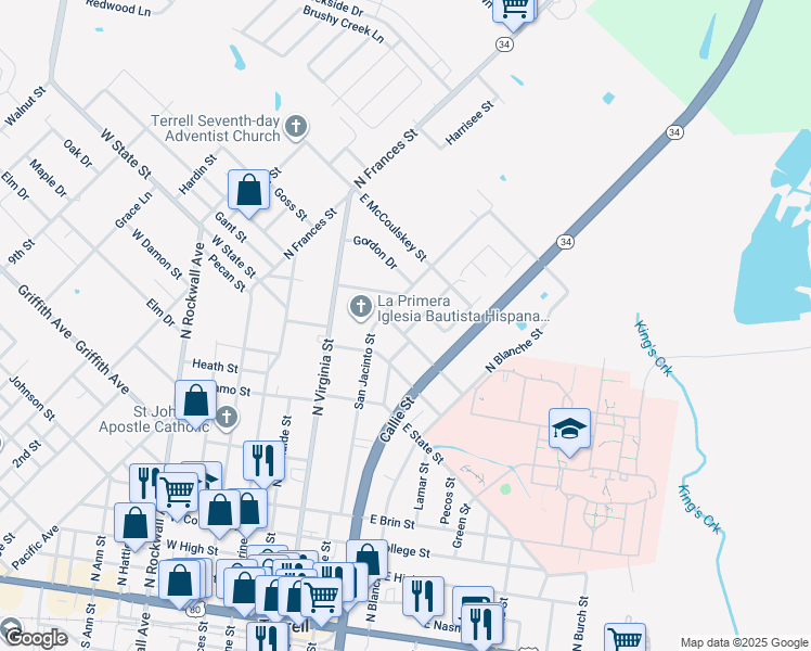 map of restaurants, bars, coffee shops, grocery stores, and more near 111 Jerry Drive in Terrell