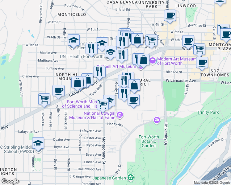 map of restaurants, bars, coffee shops, grocery stores, and more near 1400 Gendy Street in Fort Worth