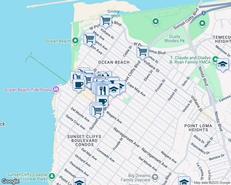 map of restaurants, bars, coffee shops, grocery stores, and more near 4818 Santa Monica Avenue in San Diego