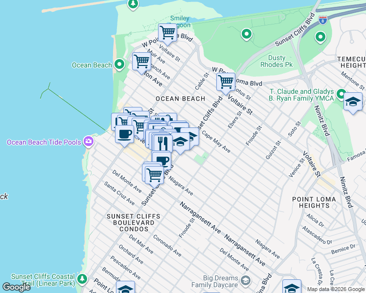 map of restaurants, bars, coffee shops, grocery stores, and more near 1964 Sunset Cliffs Boulevard in San Diego