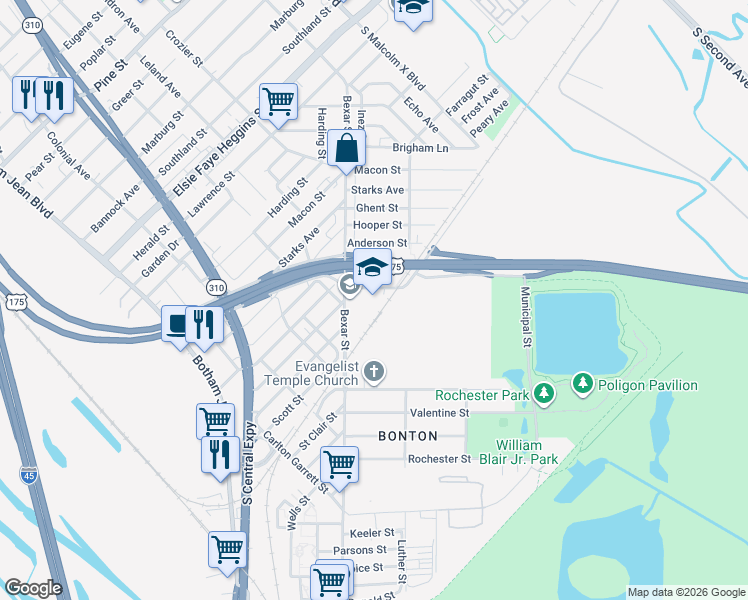 map of restaurants, bars, coffee shops, grocery stores, and more near 5700 Bexar Street in Dallas