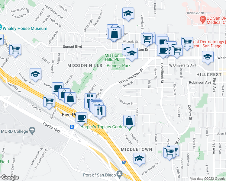 map of restaurants, bars, coffee shops, grocery stores, and more near 1695 Neale Street in San Diego
