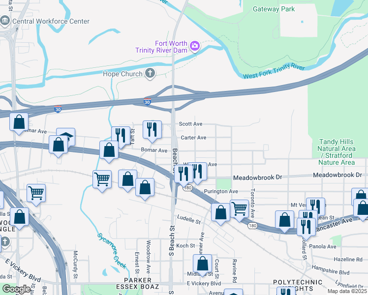 map of restaurants, bars, coffee shops, grocery stores, and more near 2608 Carter Avenue in Fort Worth