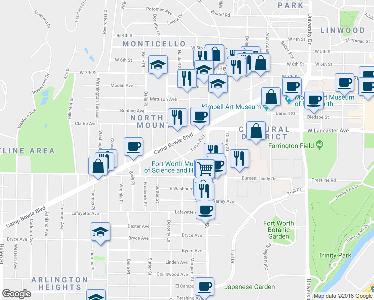 map of restaurants, bars, coffee shops, grocery stores, and more near 3708 Tulsa Way in Fort Worth
