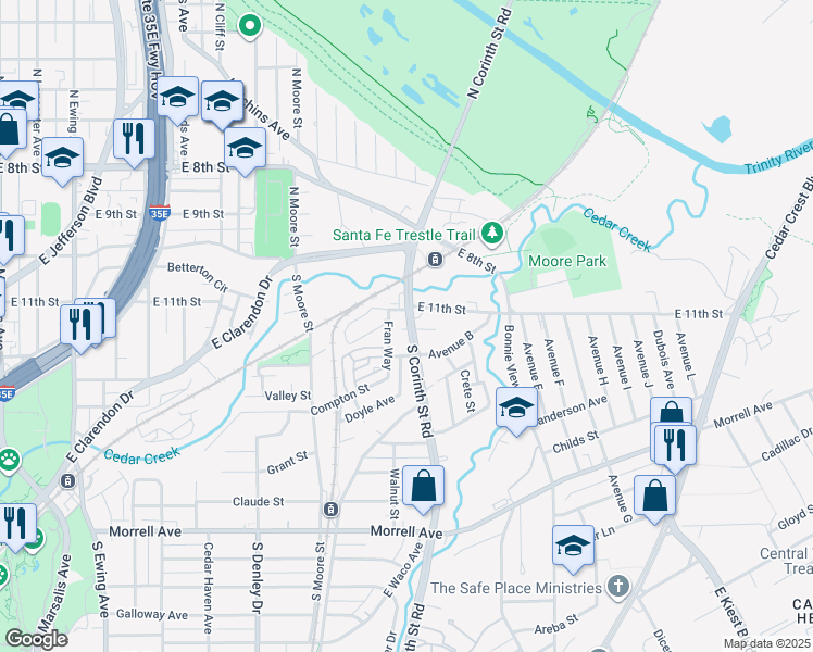 map of restaurants, bars, coffee shops, grocery stores, and more near 215 South Corinth Street Road in Dallas