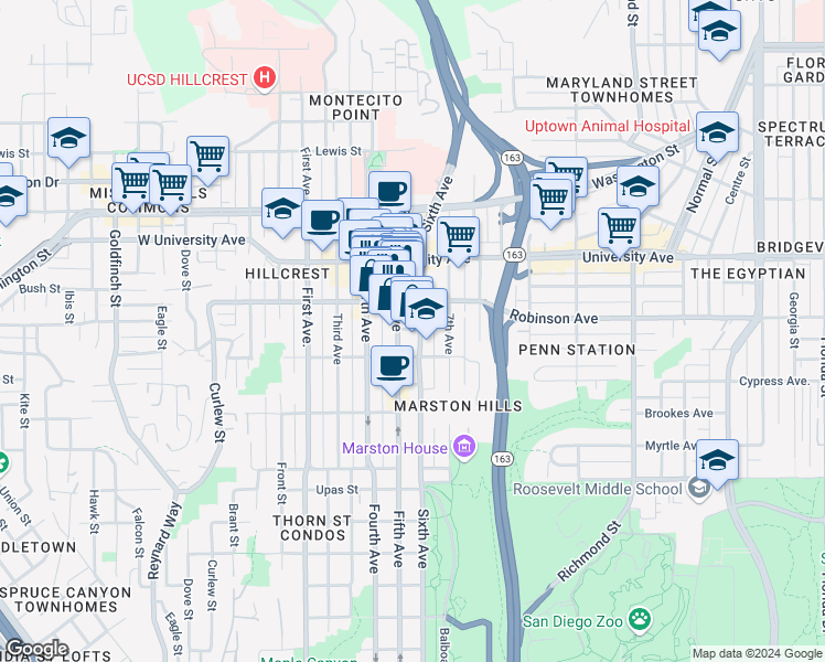 map of restaurants, bars, coffee shops, grocery stores, and more near 3740 Sixth Avenue in San Diego