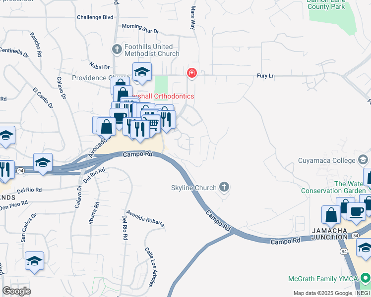 map of restaurants, bars, coffee shops, grocery stores, and more near 3674 Avocado Village Court in La Mesa
