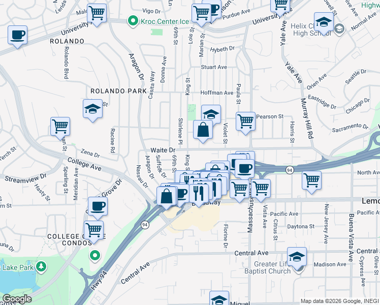 map of restaurants, bars, coffee shops, grocery stores, and more near 3773 King Street in La Mesa