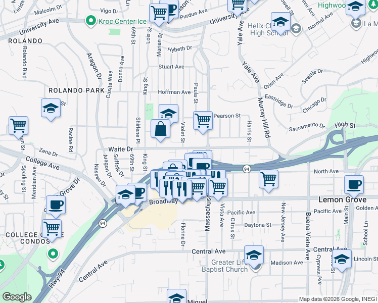 map of restaurants, bars, coffee shops, grocery stores, and more near 7064 Waite Drive in La Mesa