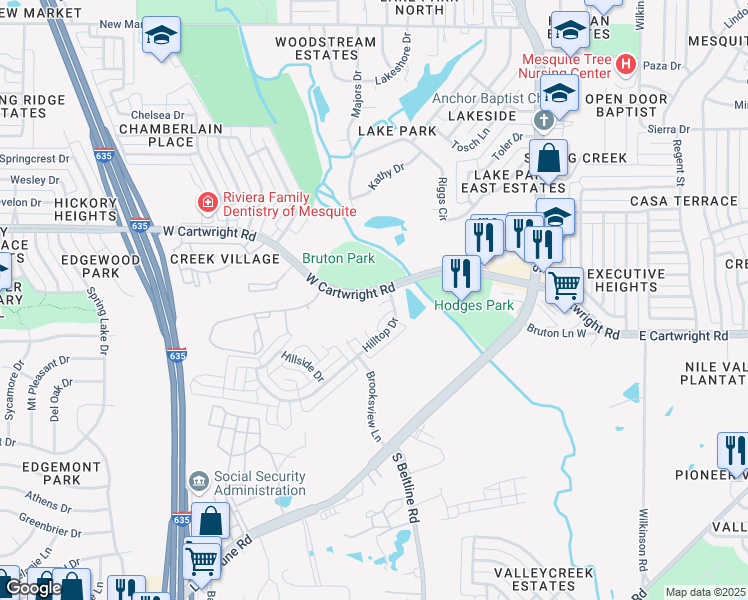 map of restaurants, bars, coffee shops, grocery stores, and more near 12927 Parker Court in Balch Springs