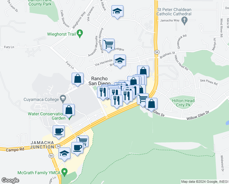map of restaurants, bars, coffee shops, grocery stores, and more near 11430 Via Rancho San Diego in El Cajon