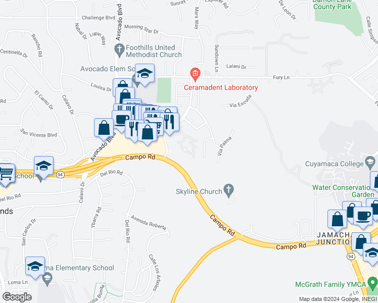 map of restaurants, bars, coffee shops, grocery stores, and more near in Rancho San Diego