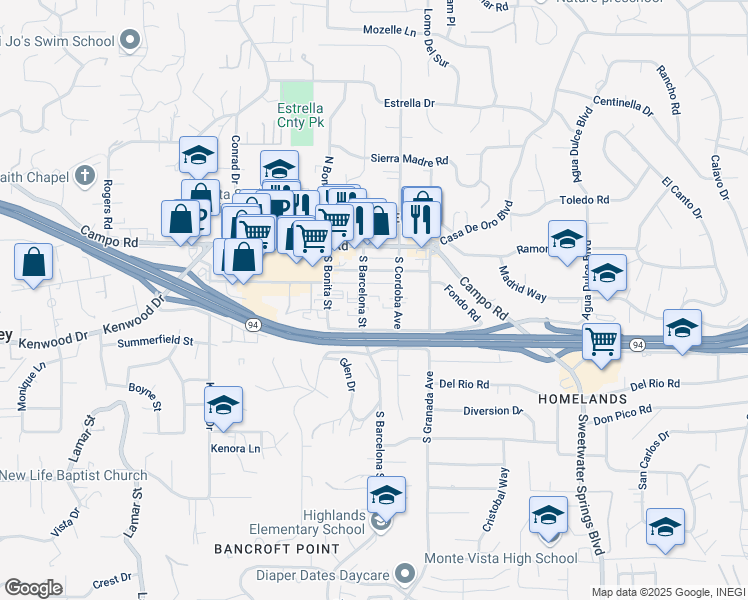 map of restaurants, bars, coffee shops, grocery stores, and more near 3654 South Barcelona Street in Spring Valley