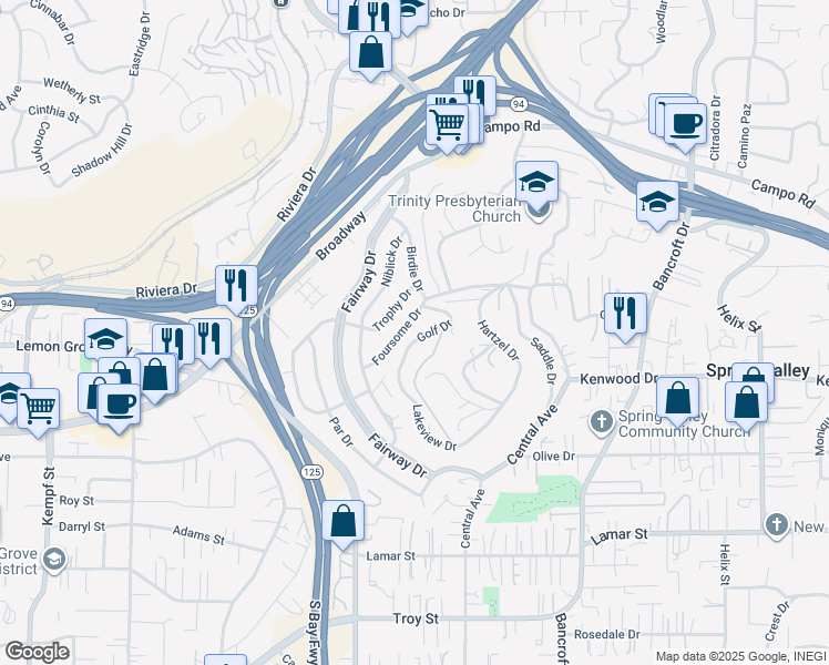 map of restaurants, bars, coffee shops, grocery stores, and more near 3587 Foursome Drive in La Mesa