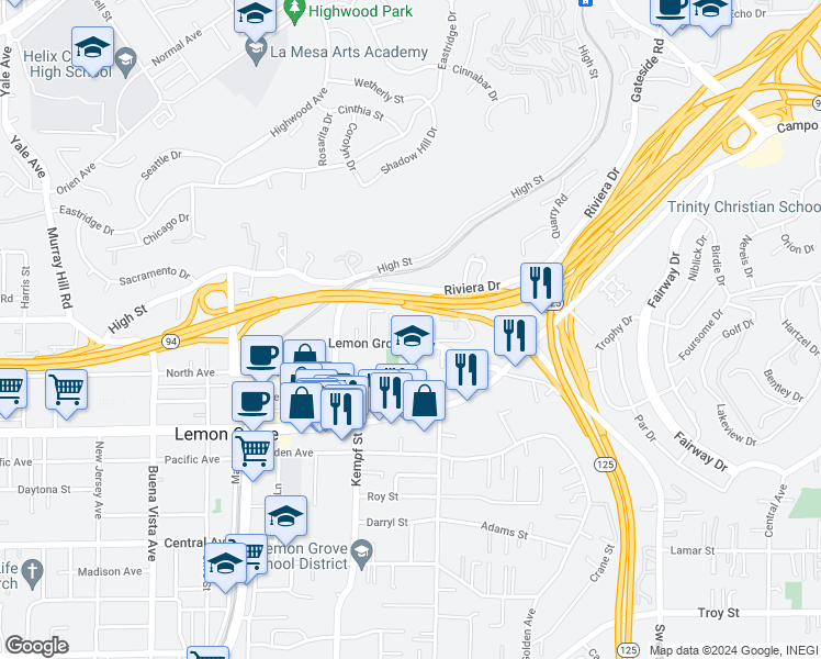map of restaurants, bars, coffee shops, grocery stores, and more near 8148 Lemon Grove Way in Lemon Grove
