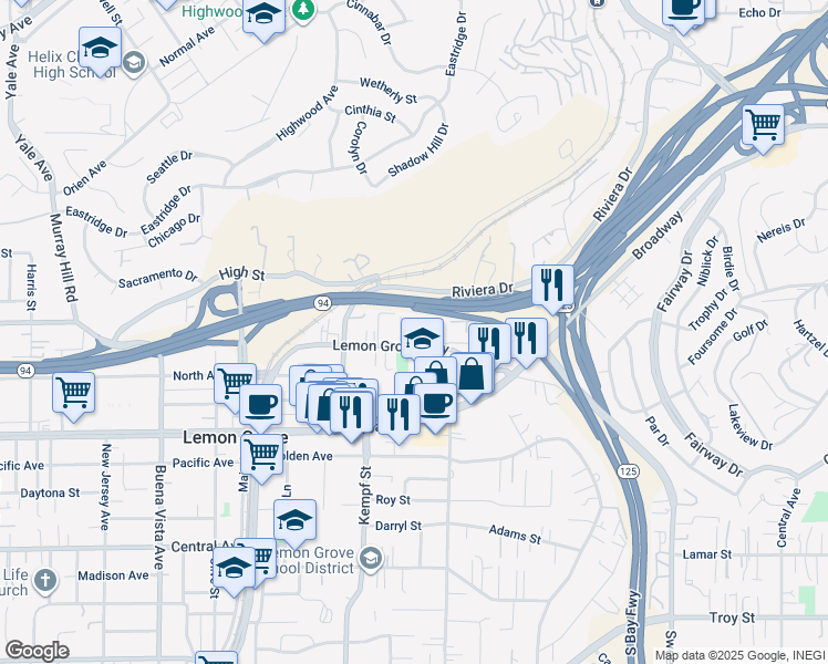 map of restaurants, bars, coffee shops, grocery stores, and more near 8148 Lemon Grove Way in Lemon Grove