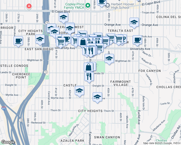 map of restaurants, bars, coffee shops, grocery stores, and more near 4380 Landis Street in San Diego