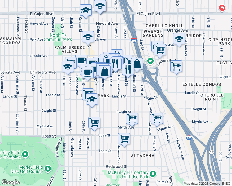map of restaurants, bars, coffee shops, grocery stores, and more near 3743 Herman Avenue in San Diego