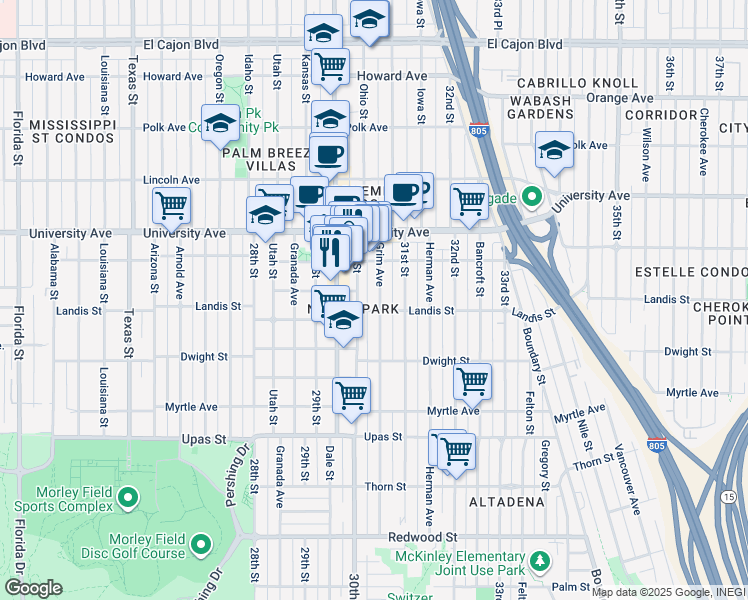 map of restaurants, bars, coffee shops, grocery stores, and more near 3792 31st Street in San Diego